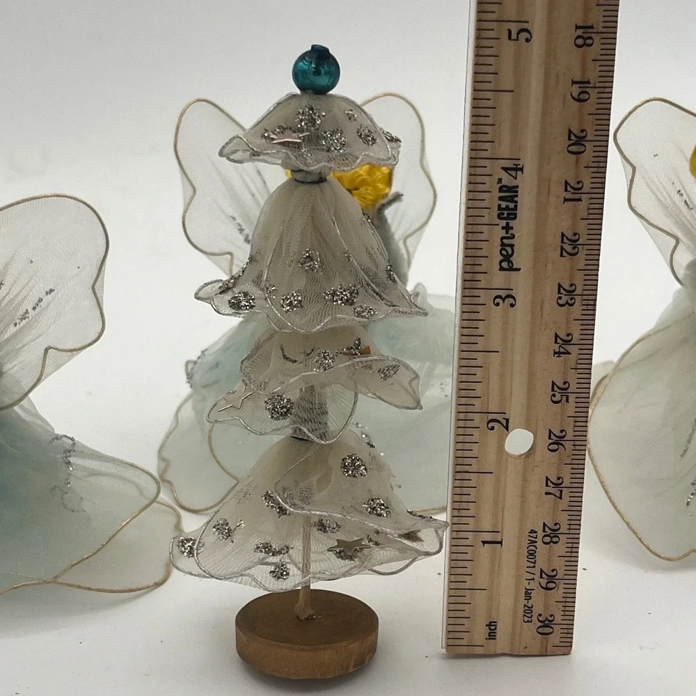 Vtg Tulle Christmas Tree 3 Angels 50/60s MCM Glitter White Tulle Retro Kitsch